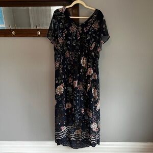 Maurices Floral Maxi Dress Navy Plus Size 2 Flowy Short Sleeves High Low Bottom